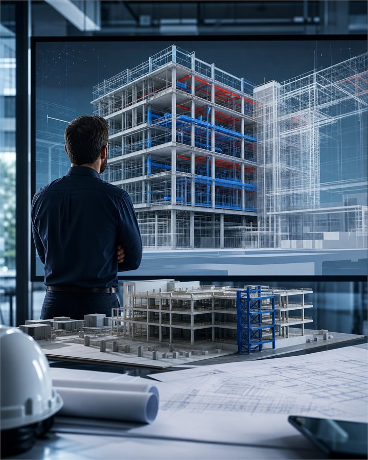 Profesional revisando un modelo BIM de construcción