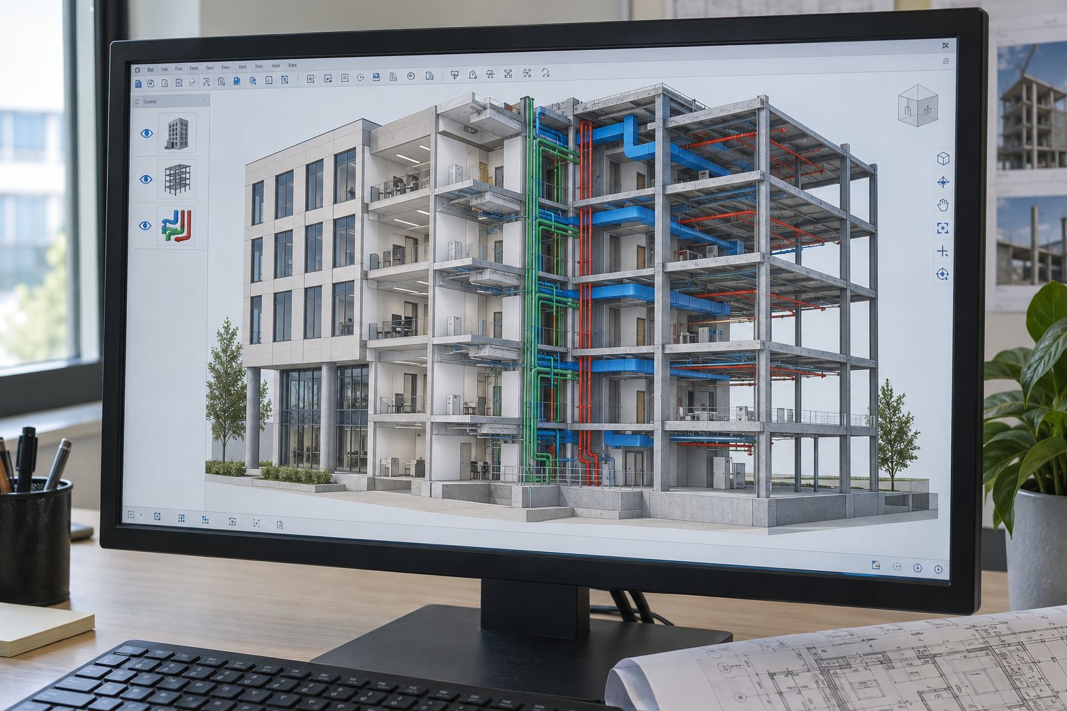 Profesional revisando un modelo BIM de construcción